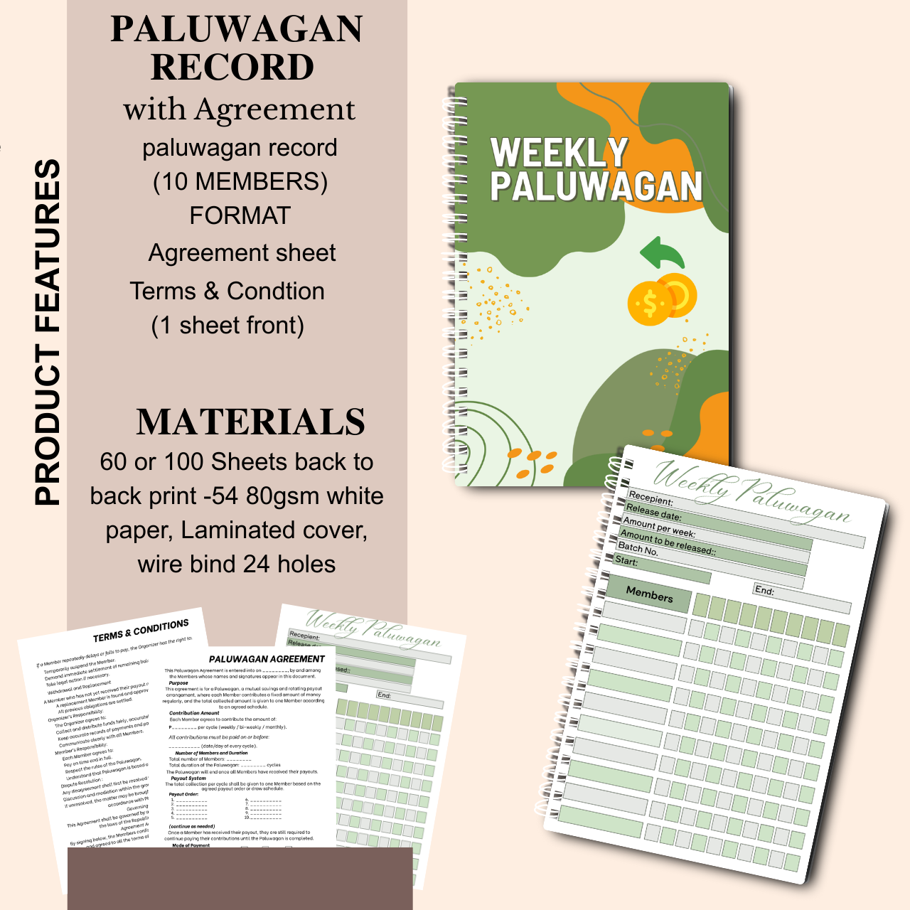 Weekly Paluwagan Record Notebook with Agreement – A5 Handmade Savings Tracker (10 Members)