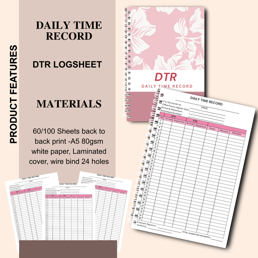 Daily Time Record (DTR) Logsheet Notebook – A5 Wire-Bound Attendance & Work Log
