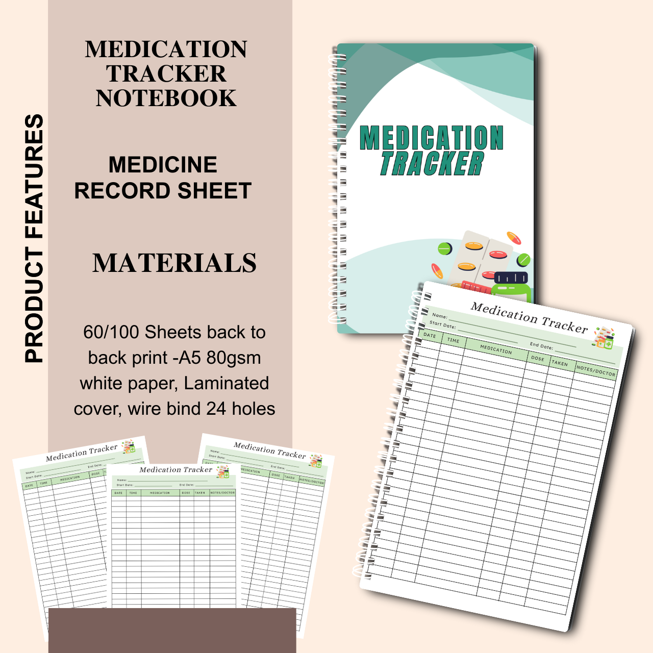 Health Tracker Notebook A5 | Blood Pressure, Sugar, Medication & Medical Record Log