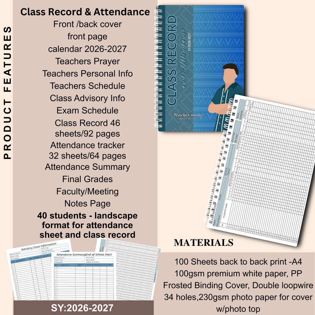 A4 Class Record and Attendance Notebook | SY 2026–2027 | Teacher’s Academic Record Book