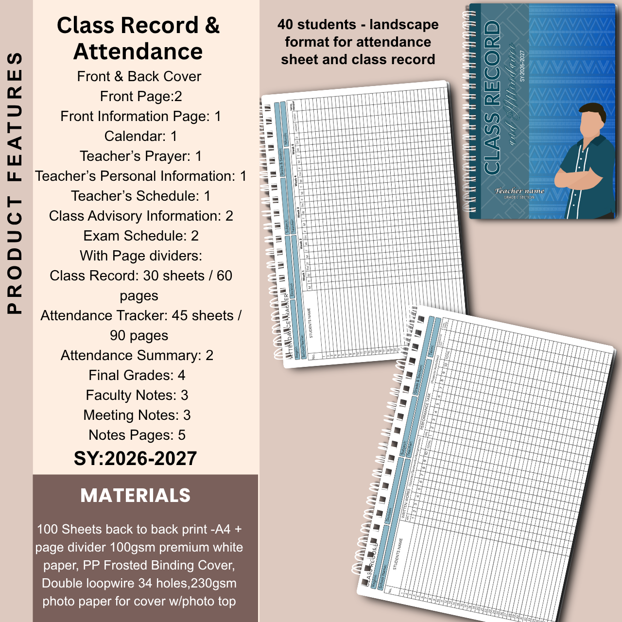 A4 Class Record and Attendance Notebook | SY 2026–2027 | Teacher’s Academic Record Book