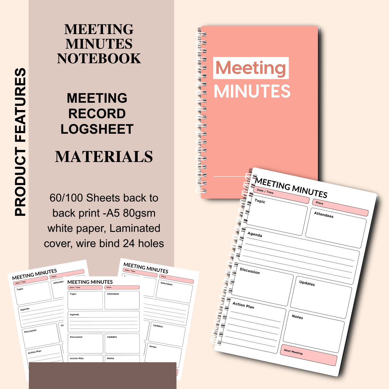 Meeting Minutes Notebook – A5 Meeting Record & Logbook for Office and Business