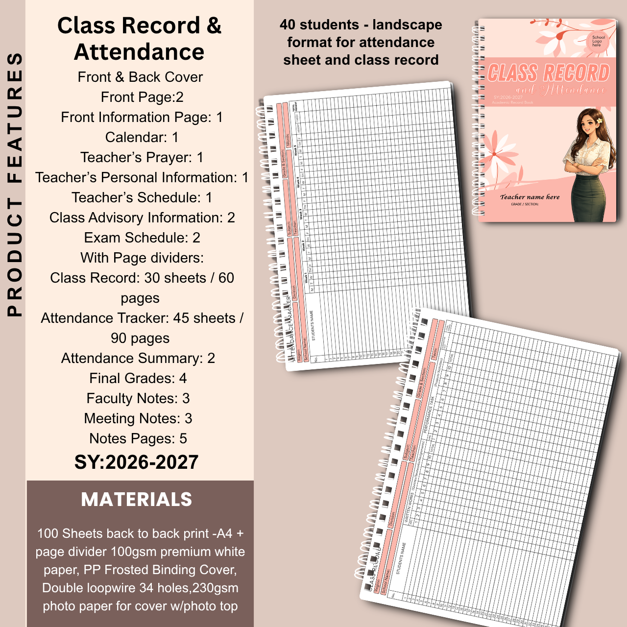 A4 Class Record and Attendance Notebook | SY 2026–2027 | Teacher’s Academic Record Book