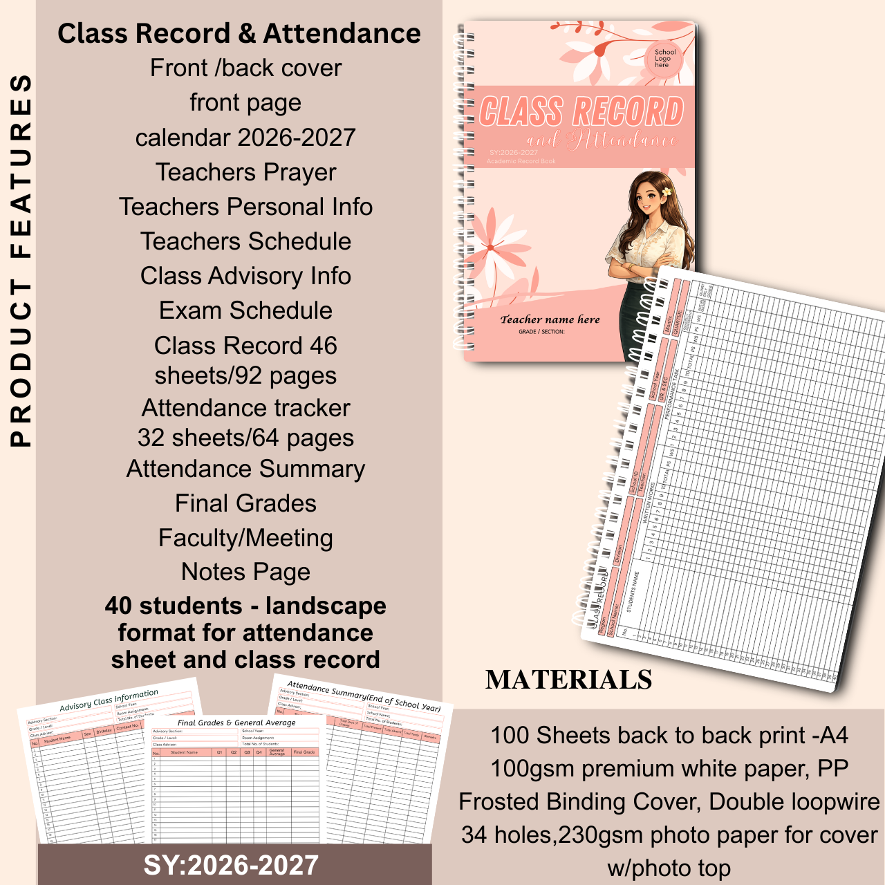 A4 Class Record and Attendance Notebook | SY 2026–2027 | Teacher’s Academic Record Book