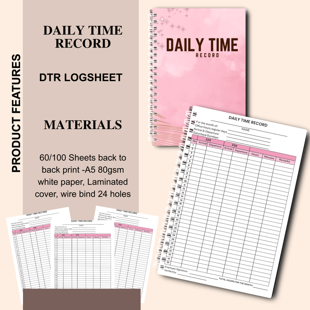 Daily Time Record (DTR) Logsheet Notebook – A5 Wire-Bound Attendance & Work Log
