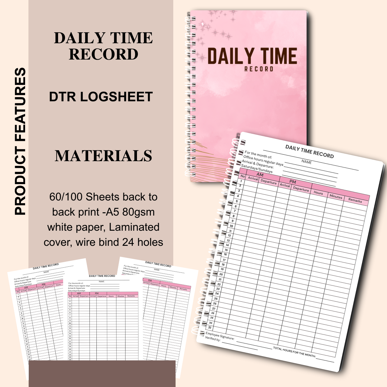 Daily Time Record (DTR) Logsheet Notebook – A5 Wire-Bound Attendance & Work Log