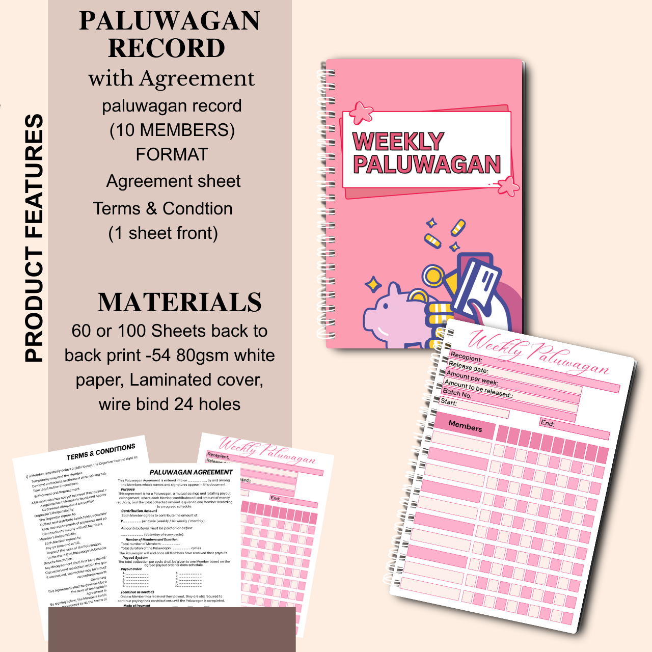 Weekly Paluwagan Record Notebook with Agreement – A5 Handmade Savings Tracker (10 Members)