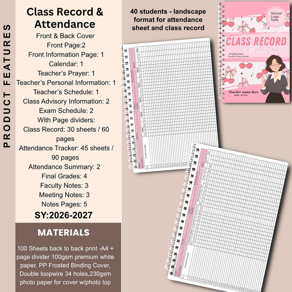 A4 Class Record and Attendance Notebook | SY 2026–2027 | Teacher’s Academic Record Book