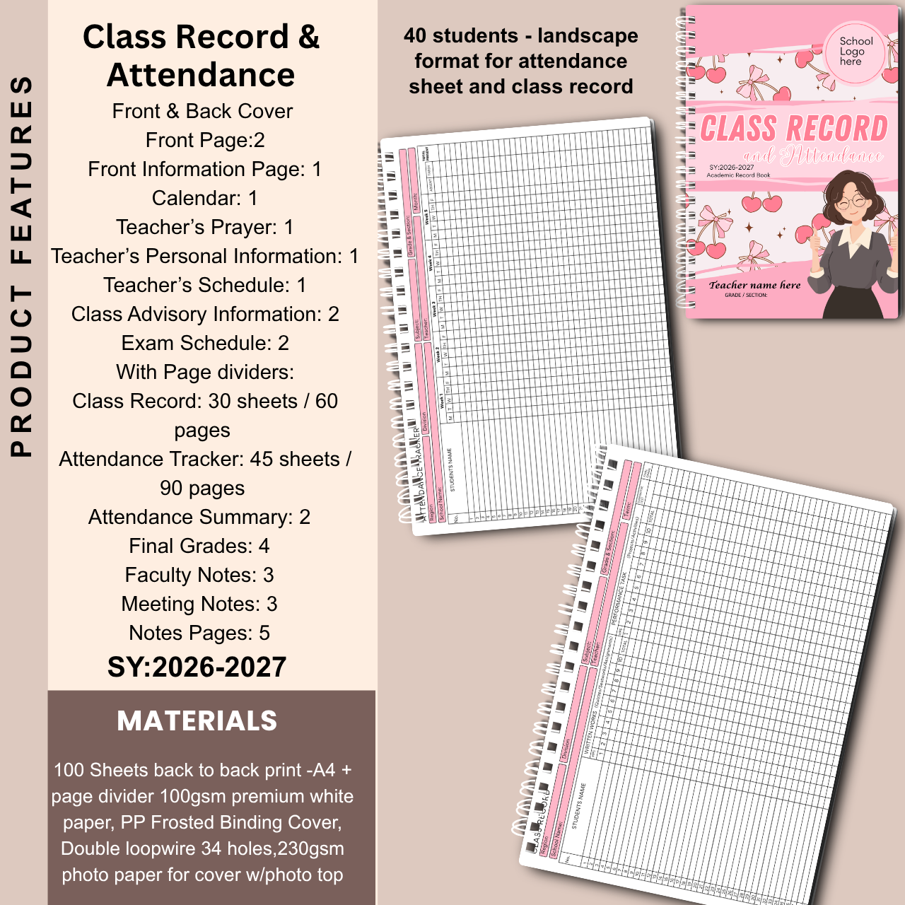 A4 Class Record and Attendance Notebook | SY 2026–2027 | Teacher’s Academic Record Book