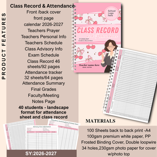 A4 Class Record and Attendance Notebook | SY 2026–2027 | Teacher’s Academic Record Book