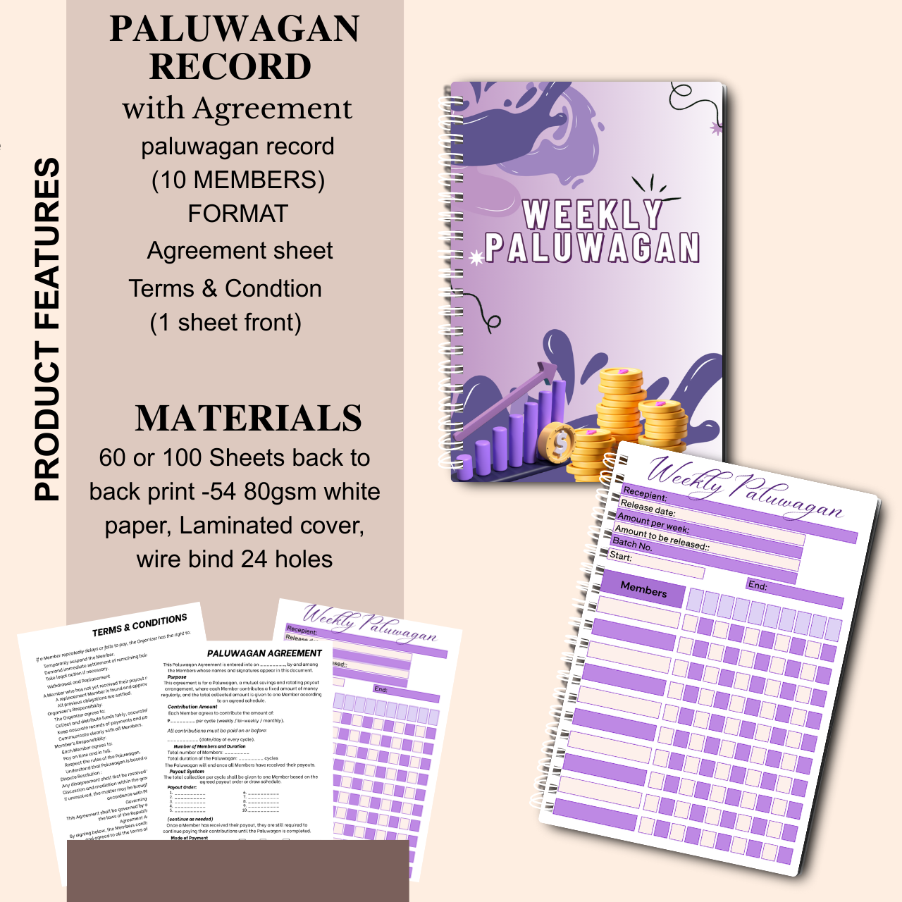 Weekly Paluwagan Record Notebook with Agreement – A5 Handmade Savings Tracker (10 Members)