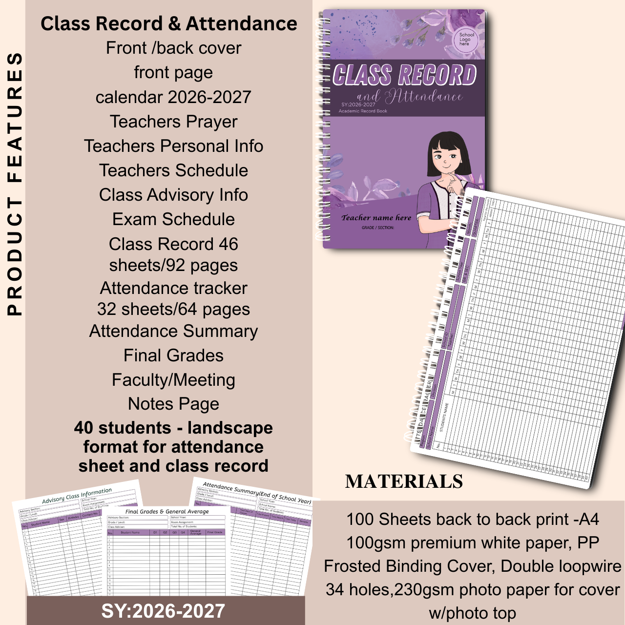A4 Class Record and Attendance Notebook | SY 2026–2027 | Teacher’s Academic Record Book