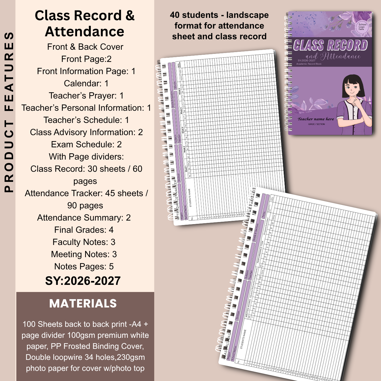 A4 Class Record and Attendance Notebook | SY 2026–2027 | Teacher’s Academic Record Book