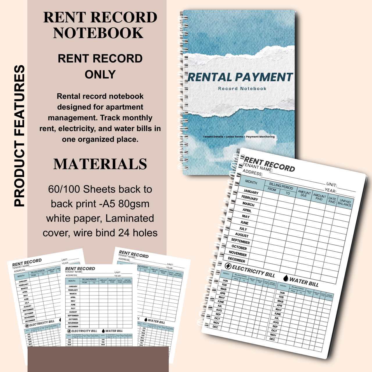 Rent Record Notebook with Rental Agreement Sheet | Landlord Rental Payment & Utility Tracker | A5 Spiral Bound (60/100 Sheets)