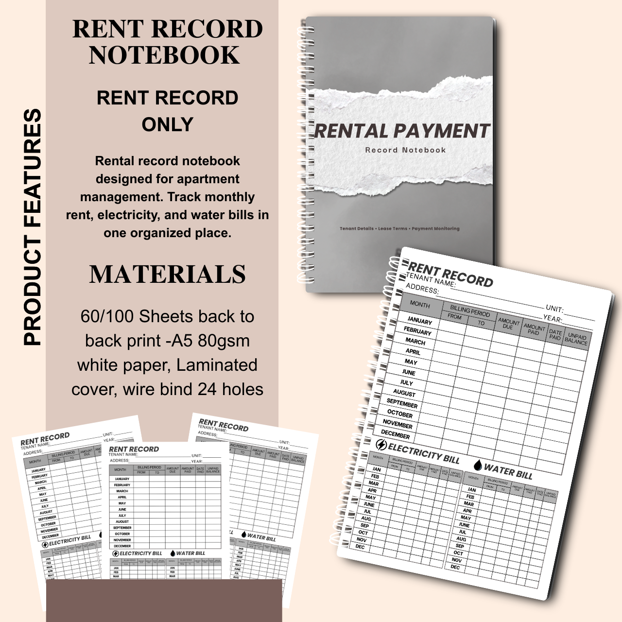 Rent Record Notebook with Rental Agreement Sheet | Landlord Rental Payment & Utility Tracker | A5 Spiral Bound (60/100 Sheets)