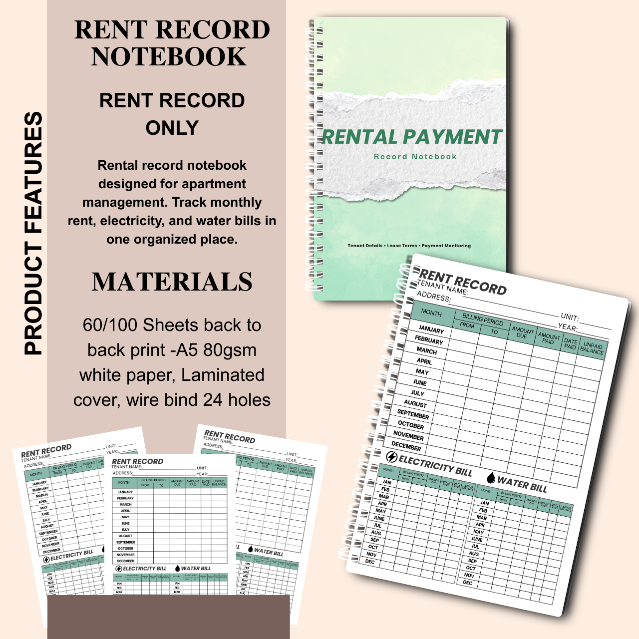 Rent Record Notebook with Rental Agreement Sheet | Landlord Rental Payment & Utility Tracker | A5 Spiral Bound (60/100 Sheets)