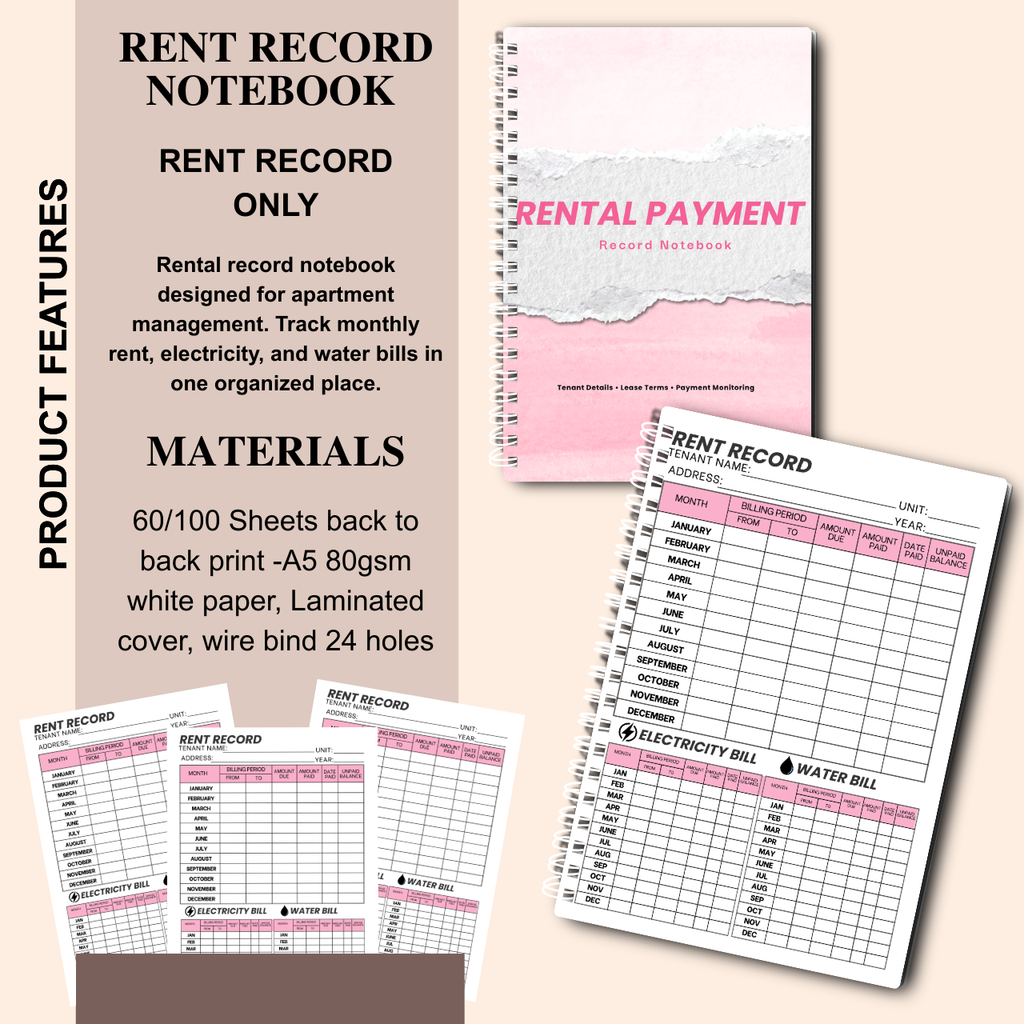 Rent Record Notebook with Rental Agreement Sheet | Landlord Rental Payment & Utility Tracker | A5 Spiral Bound (60/100 Sheets)