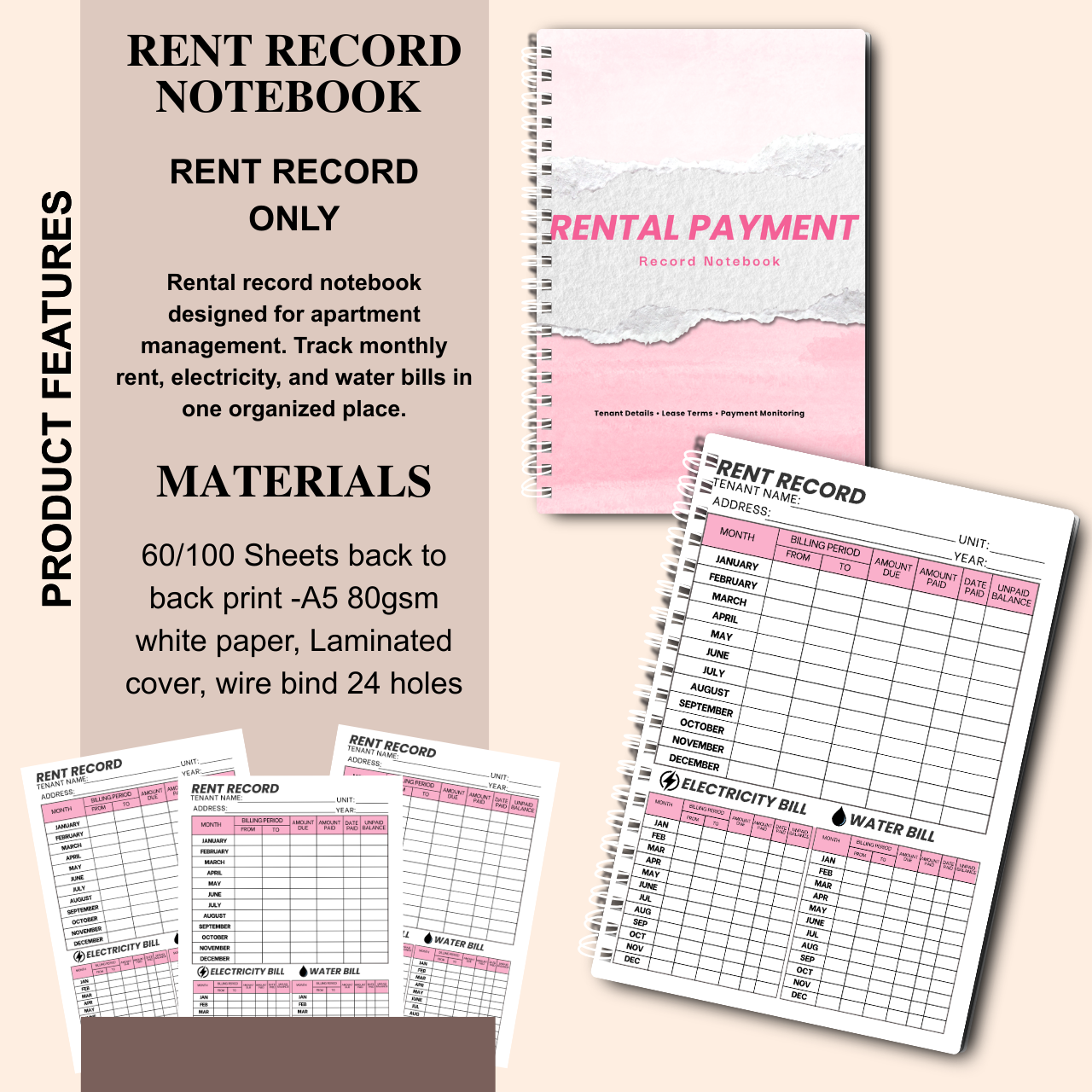 Rent Record Notebook with Rental Agreement Sheet | Landlord Rental Payment & Utility Tracker | A5 Spiral Bound (60/100 Sheets)