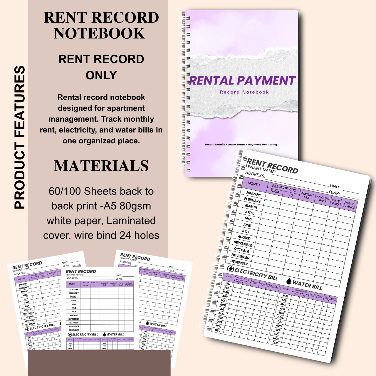 Rent Record Notebook with Rental Agreement Sheet | Landlord Rental Payment & Utility Tracker | A5 Spiral Bound (60/100 Sheets)