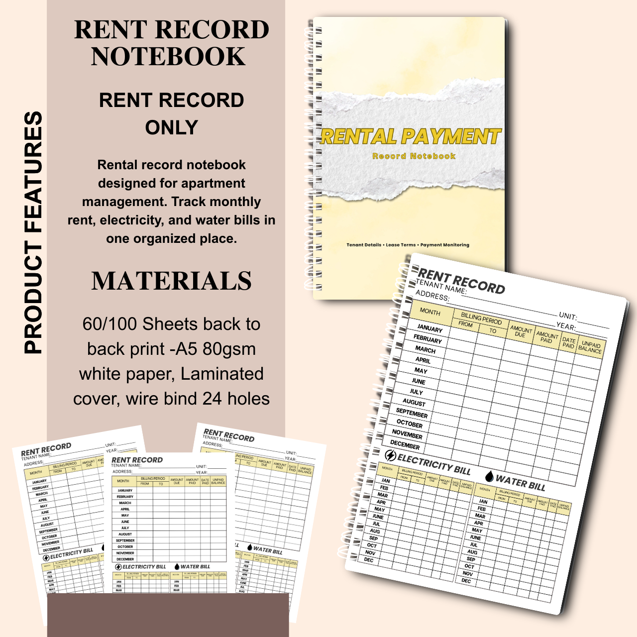Rent Record Notebook with Rental Agreement Sheet | Landlord Rental Payment & Utility Tracker | A5 Spiral Bound (60/100 Sheets)