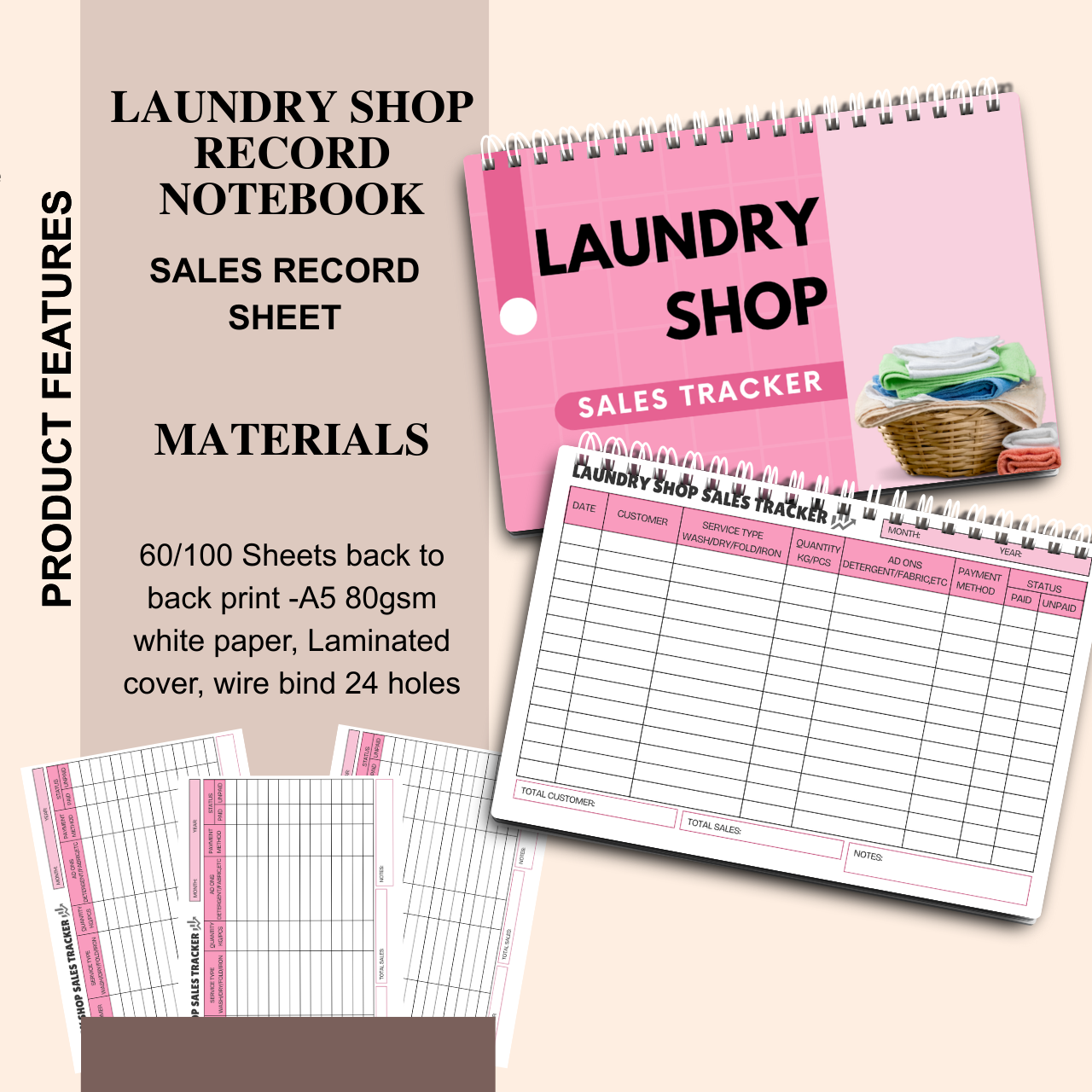 Laundry Shop Record Notebook A5 | Sales, Expense & Inventory Tracker for Small Business