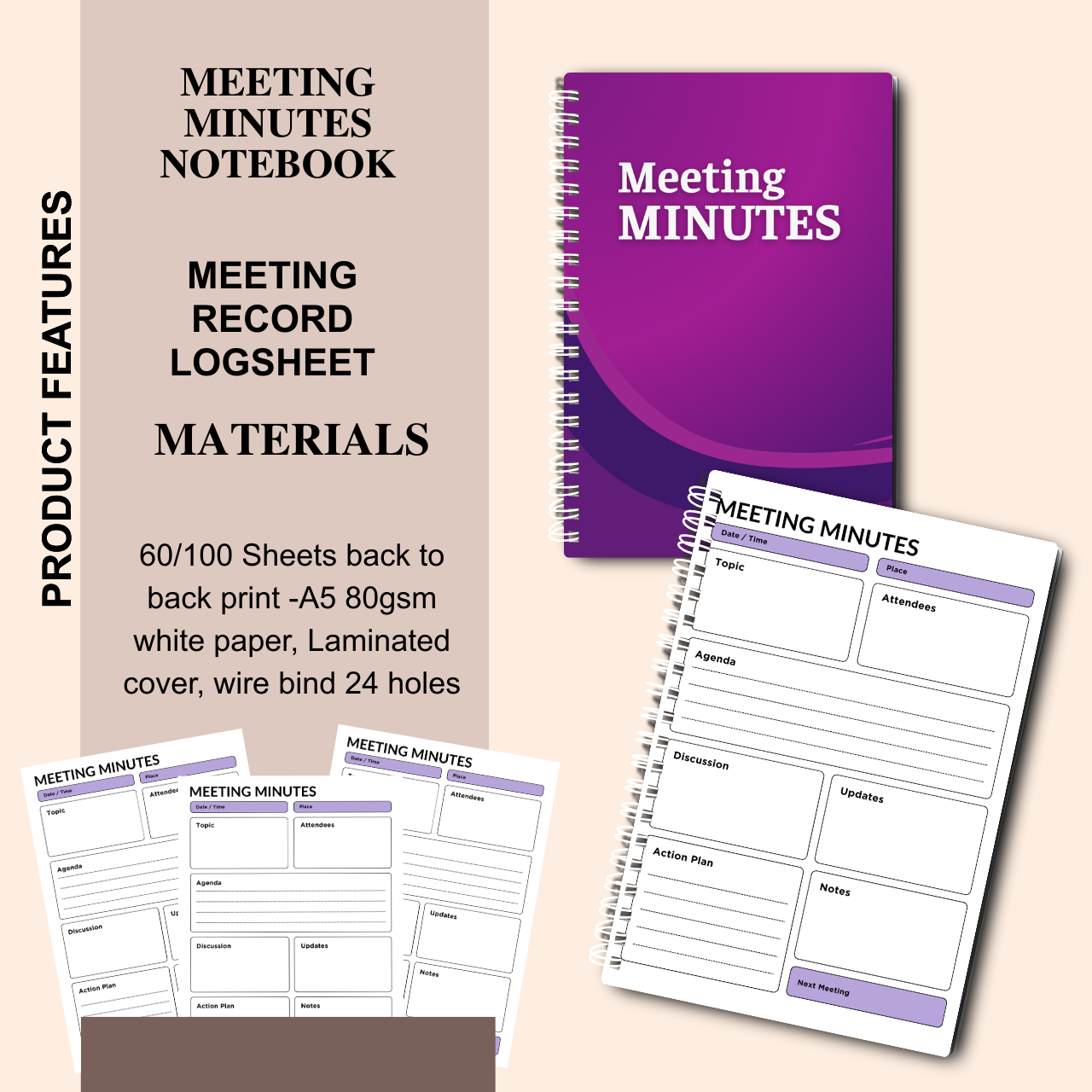 Meeting Minutes Notebook – A5 Meeting Record & Logbook for Office and Business