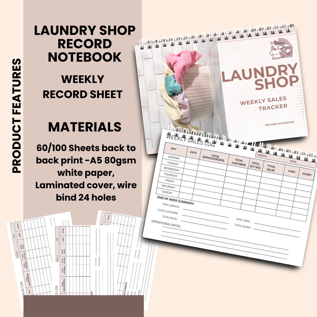 Laundry Shop Record Notebook A5 | Sales, Expense & Inventory Tracker for Small Business
