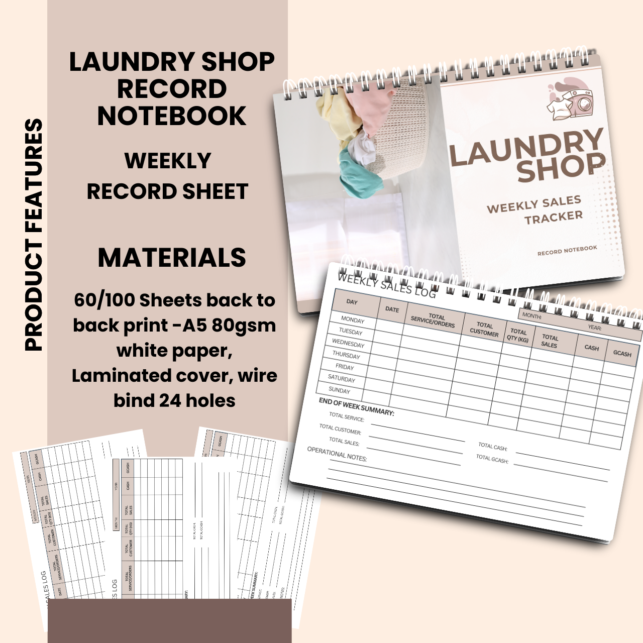 Laundry Shop Record Notebook A5 | Sales, Expense & Inventory Tracker for Small Business