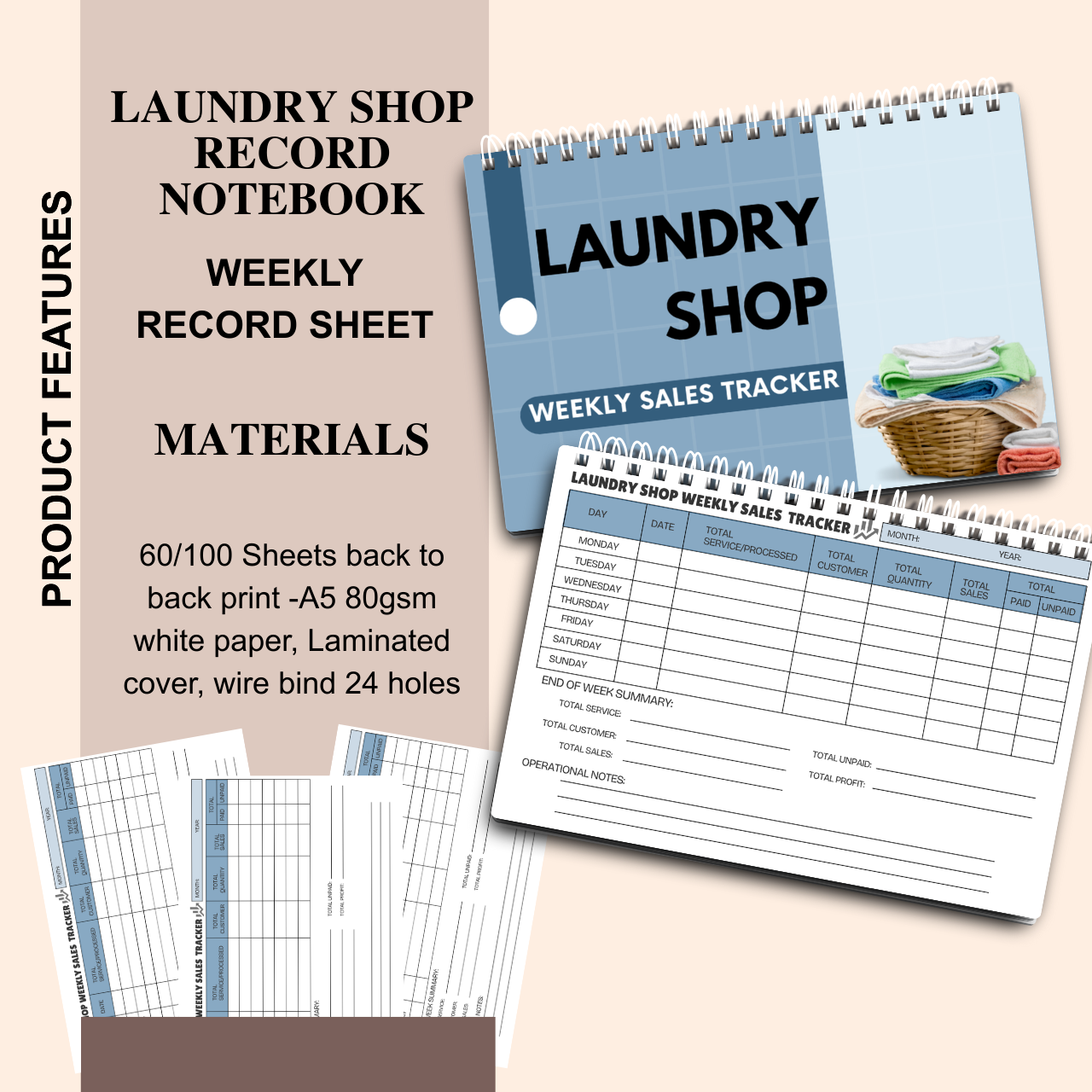 Laundry Shop Record Notebook A5 | Sales, Expense & Inventory Tracker for Small Business