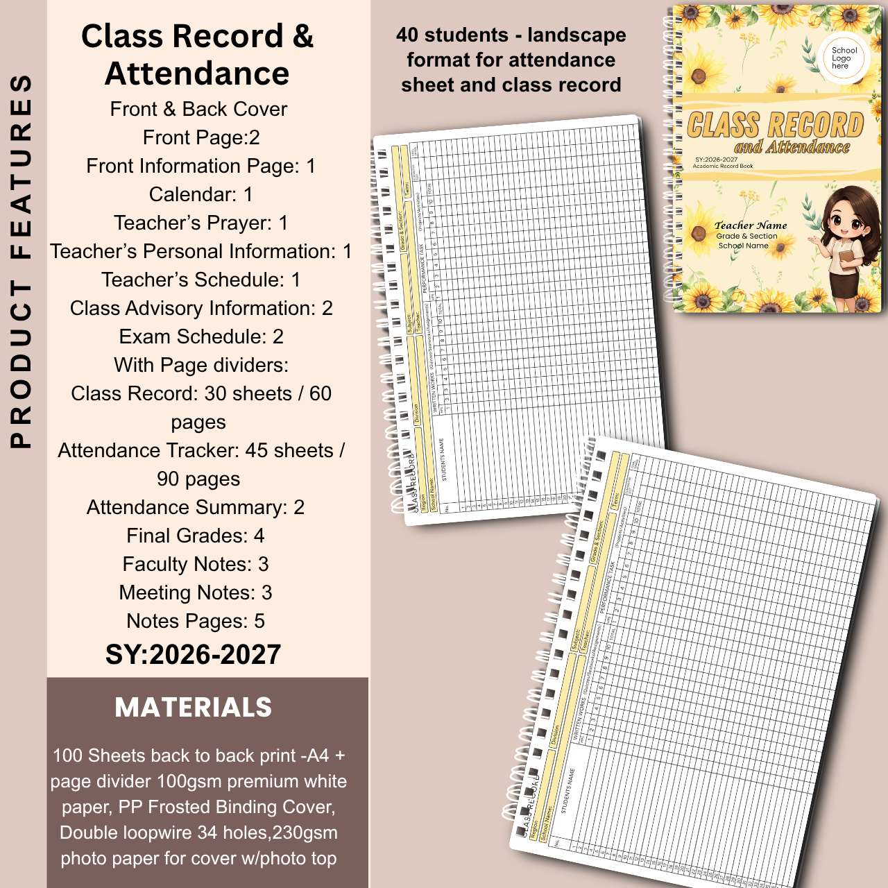 A4 Class Record and Attendance Notebook | SY 2026–2027 | Teacher’s Academic Record Book
