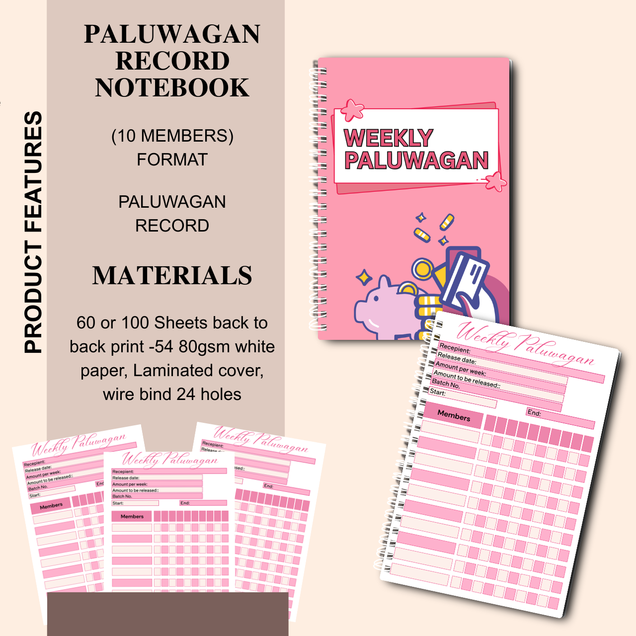 Weekly Paluwagan Record Notebook with Agreement – A5 Handmade Savings Tracker (10 Members)