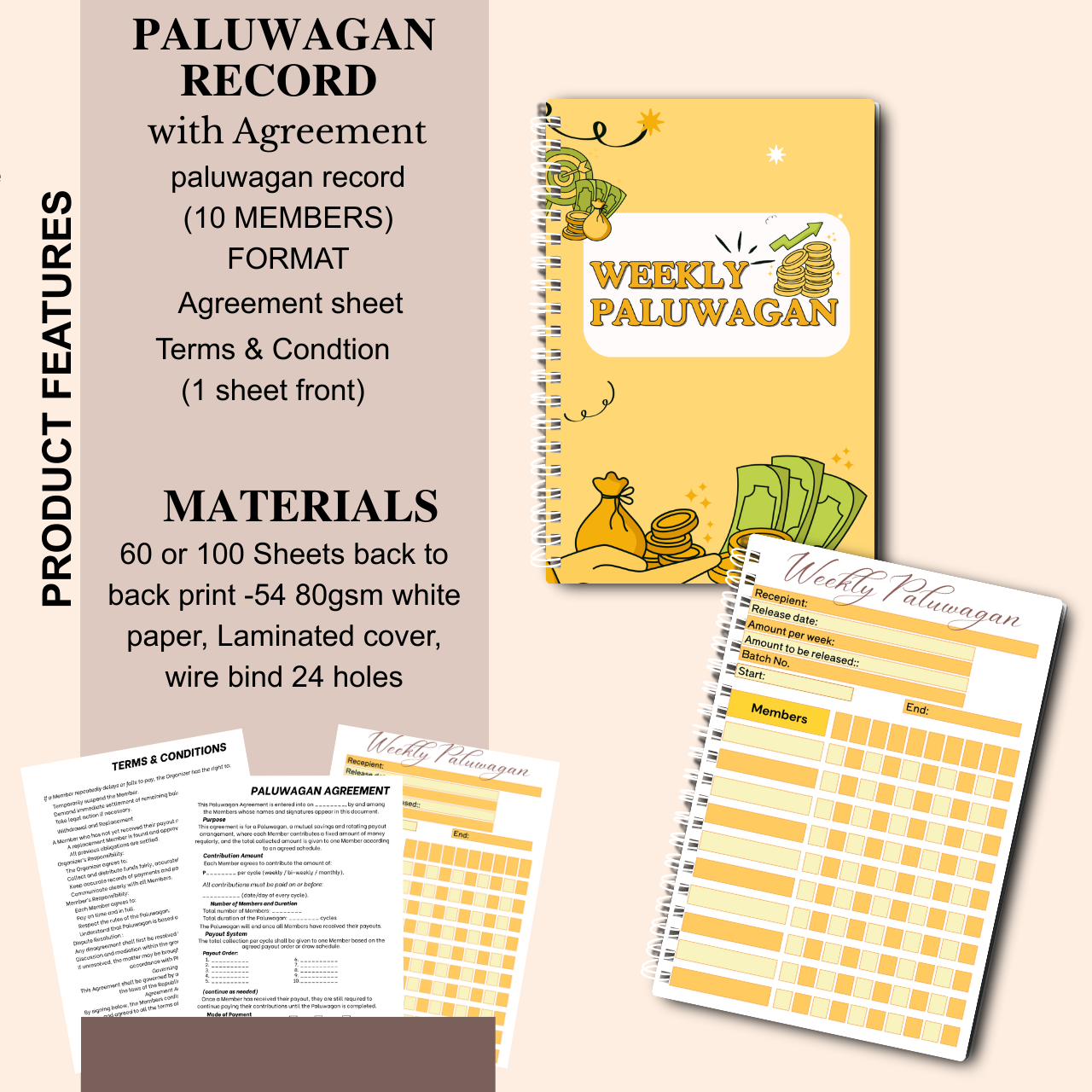 Weekly Paluwagan Record Notebook with Agreement – A5 Handmade Savings Tracker (10 Members)