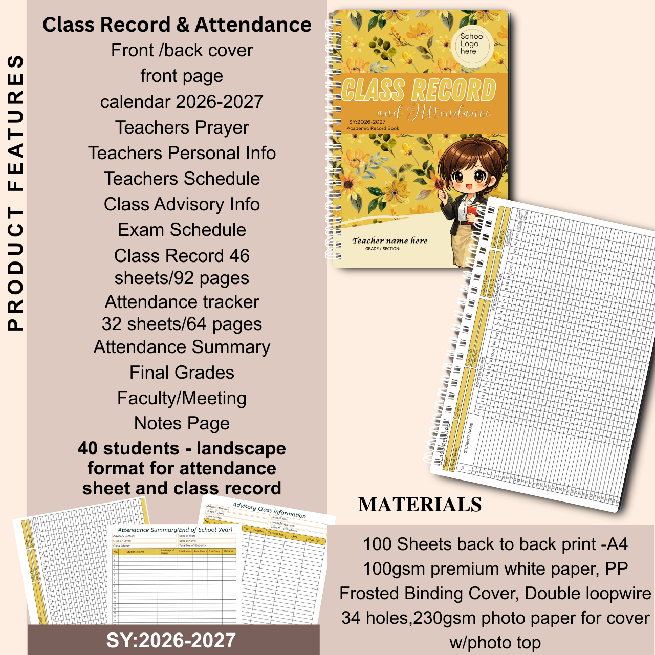 A4 Class Record and Attendance Notebook | SY 2026–2027 | Teacher’s Academic Record Book