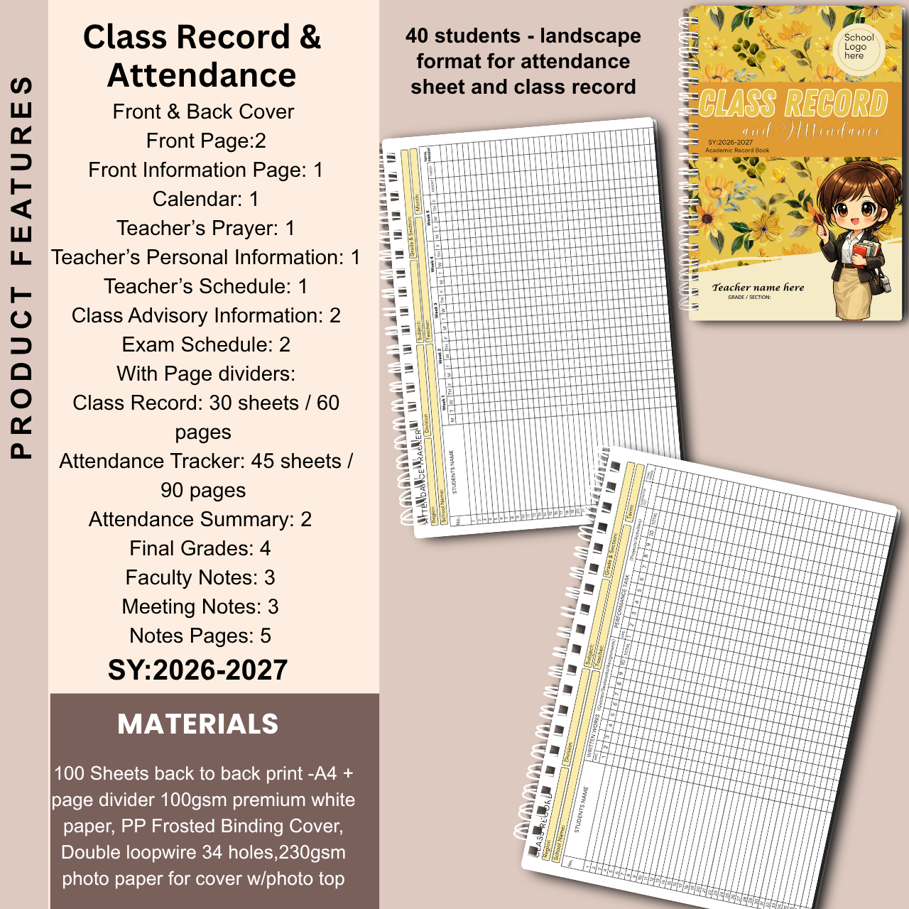 A4 Class Record and Attendance Notebook | SY 2026–2027 | Teacher’s Academic Record Book
